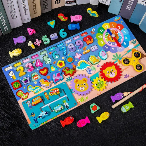 Colorful wooden puzzle board with various shapes and numbers, accompanied by small toy vehicles and animal figures.